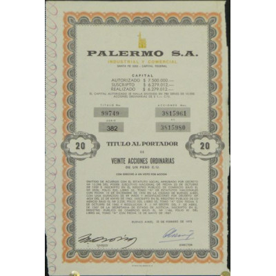 Palermo S.A. - Industrial y Comercial (20 Pesos - 1973)