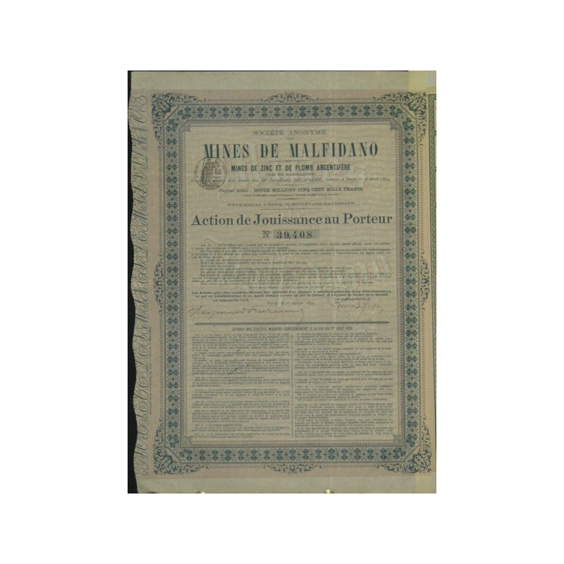 S.A. des Mines de Malfidano - Mines de Zinc et de Plomb Argentifère (Ile de Sardaigne)