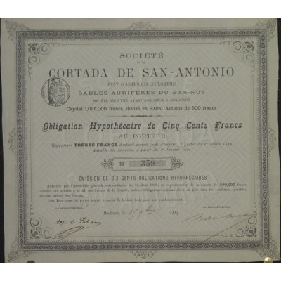 Sté de la Cortada de San-Antonio - Etat d'Antioquia (Colombie) - Sables Aurifères du Bas-Nus