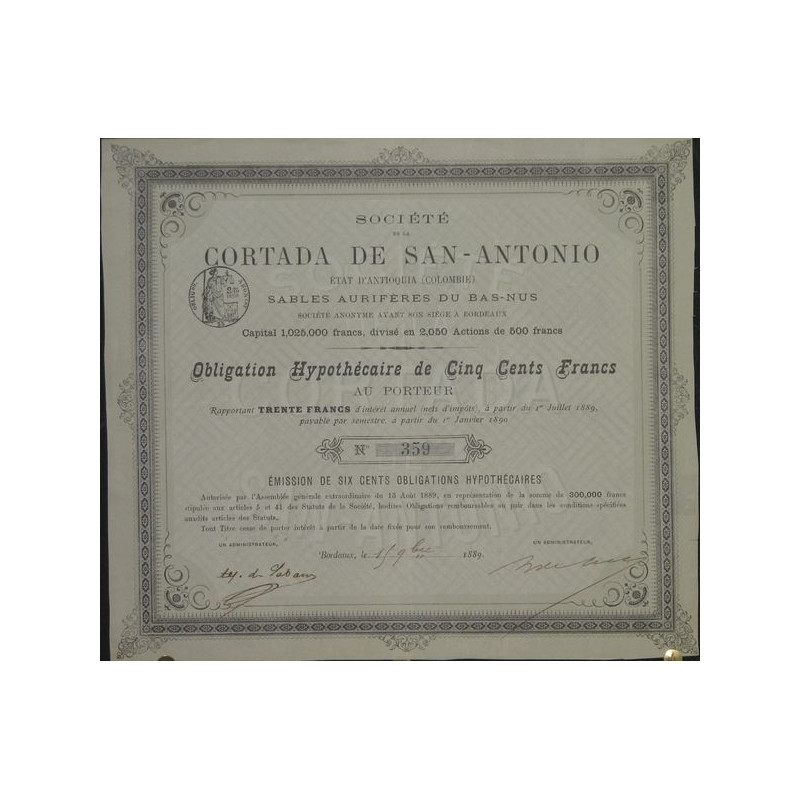 Sté de la Cortada de San-Antonio - Etat d'Antioquia (Colombie) - Sables Aurifères du Bas-Nus