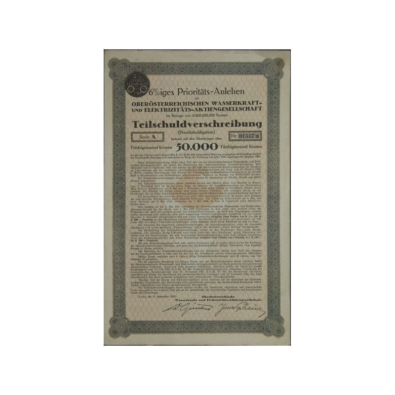 Sté par Actions pour l'Exploitation des Forces Hydrauliques et Electriques de la Haute Autriche - Emprunt 6% de Priorité