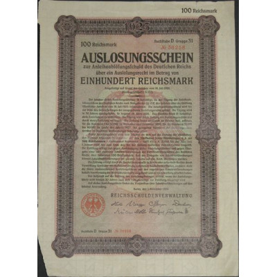 Auslosungsschein zur Anleiheablösungsschuld des Detuschen Reichs über ein Auslosungsrechtim Betrag