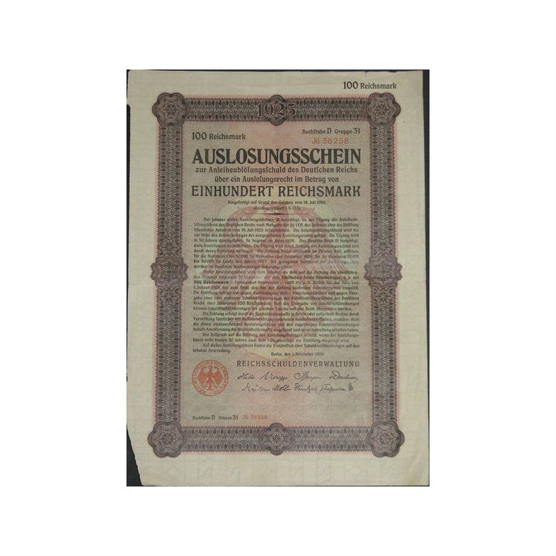 Auslosungsschein zur Anleiheablösungsschuld des Detuschen Reichs über ein Auslosungsrechtim Betrag