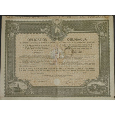 Obl de l'Emprunt 4 1/2 % 1931 de la Ville Capitale de Varsovie (Obl 099.186 Zlot Or)