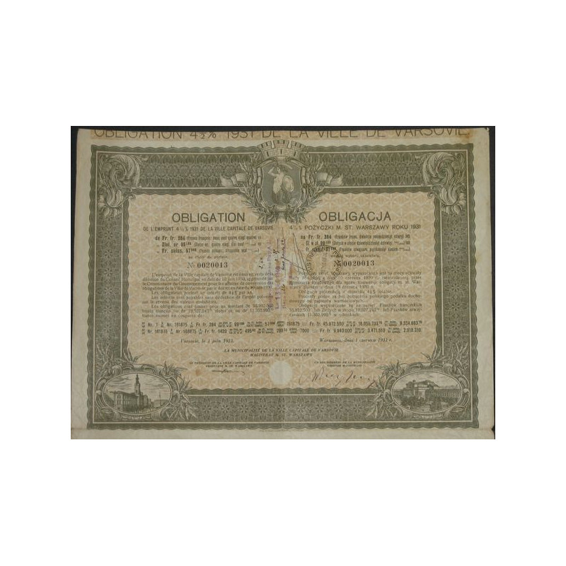 Obl de l'Emprunt 4 1/2 % 1931 de la Ville Capitale de Varsovie (Obl 099.186 Zlot Or)