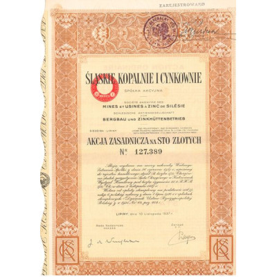Slaskie Kopalnie I Cynkownie - S.A. des Mines et Usines à Zinc de Silésie (Act 100 Zlotys) (1937)