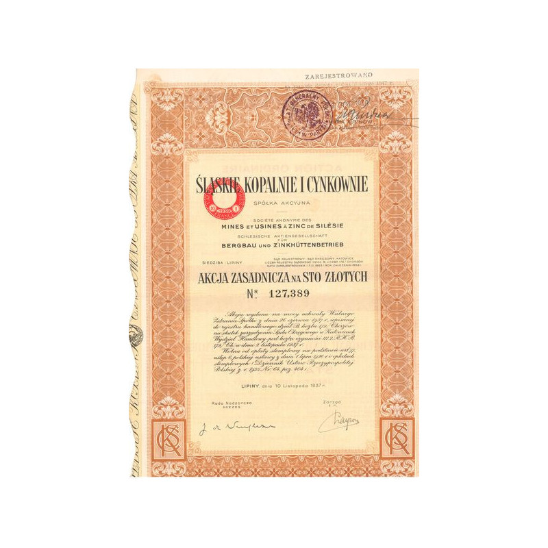 Slaskie Kopalnie I Cynkownie - S.A. des Mines et Usines à Zinc de Silésie (Act 100 Zlotys) (1937)