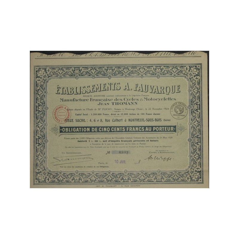 Ets A. Fauvarque Manufacture Française des Cycles et Motocyclettes Jean Thomann