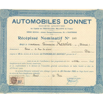 Automobiles Donnet (Récépissé)
