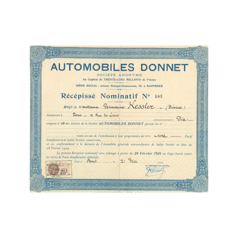 Automobiles Donnet (Récépissé)