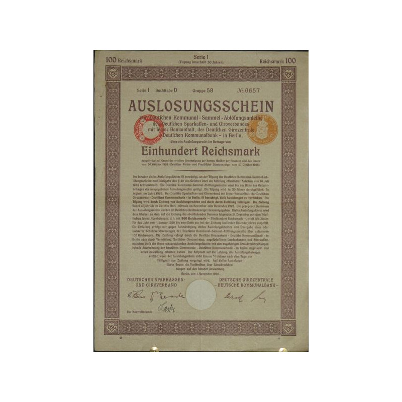 Auslosungschein zur Deutschen Kommunal-Sammel-Ablösungsanleihe