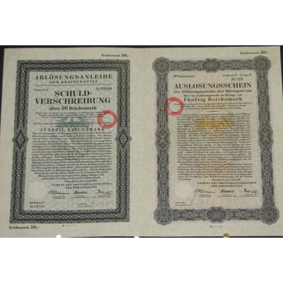Auslosungschein zur Ablösungsanleihe der Rheinprovinz (50 Rm)