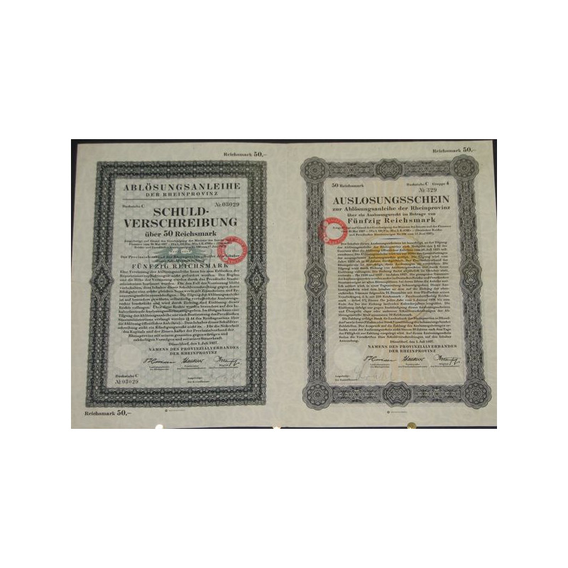 Auslosungschein zur Ablösungsanleihe der Rheinprovinz (50 Rm)