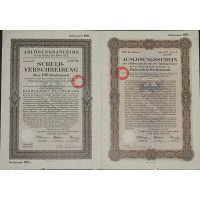 Auslosungschein zur Ablösungsanleihe der Rheinprovinz (100 Rm)
