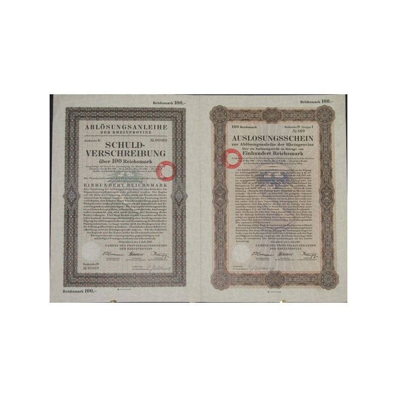 Auslosungschein zur Ablösungsanleihe der Rheinprovinz (100 Rm)