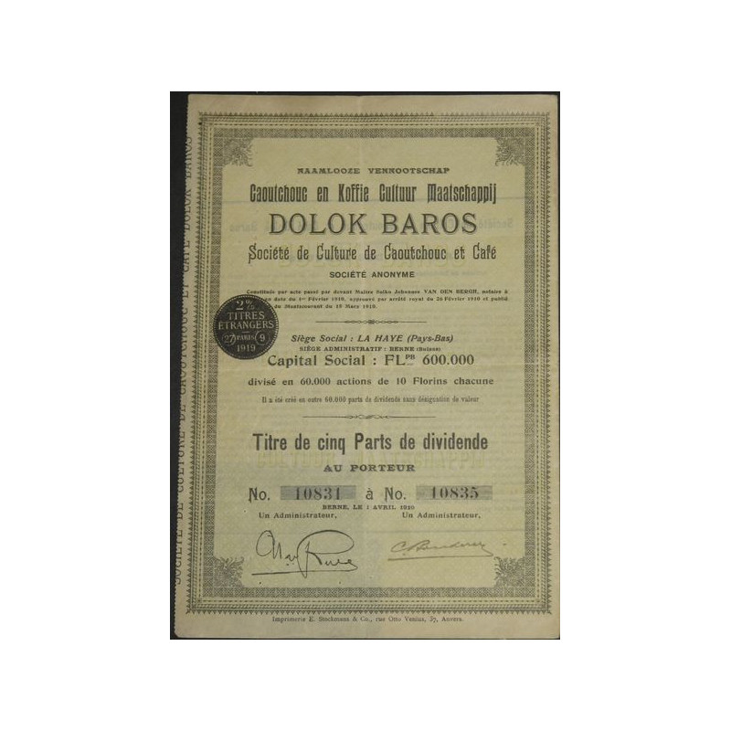 Dolok Baros Sté de Culture de Caoutchouc et Café (Dividende)