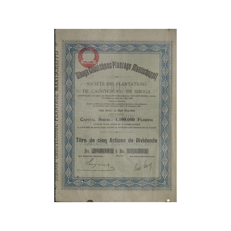 Sté des Plantations de Caoutchouc de Siboga (Titre 5 Act de Dividende)