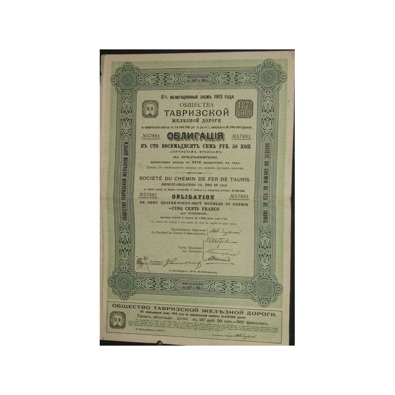 Sté du Chemin de Fer de Tauris - Emprunt-Obligations 5% 1913