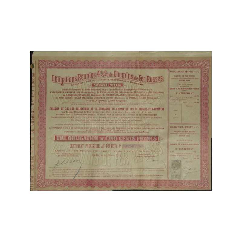 Obligations Réunies 4 1/2 % de Chemins de Fer Russes - Série 1914