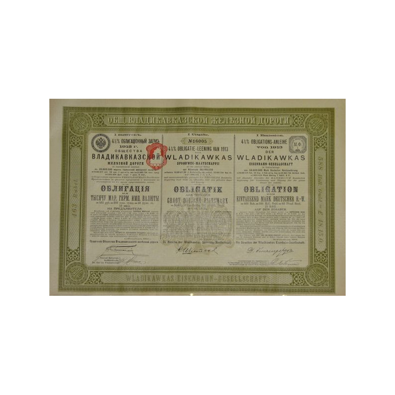 4 % Obligations-Anleihe von 1913 der Wladikawkas Eisenbahn-Gesellschaft - I Emission