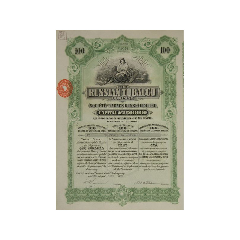 Sté de Tabacs Russe - The Russian Tobacco Cy (100 Act) 1916