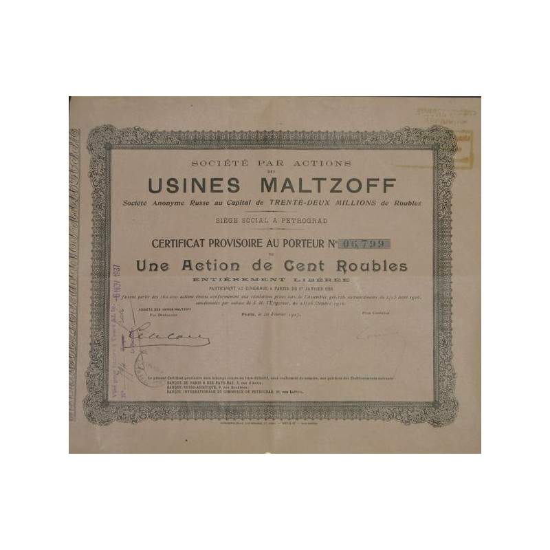 Sté par actions des Usines Maltzoff - Certif