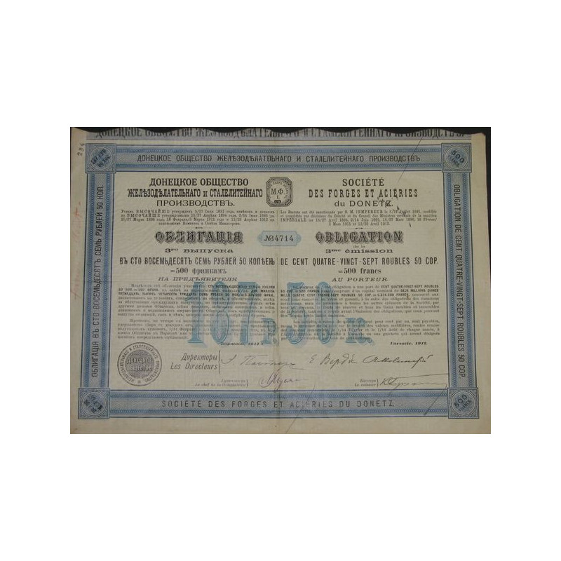 Sté des Forges et Aciéries du Donetz - Obl - 3ème Emission