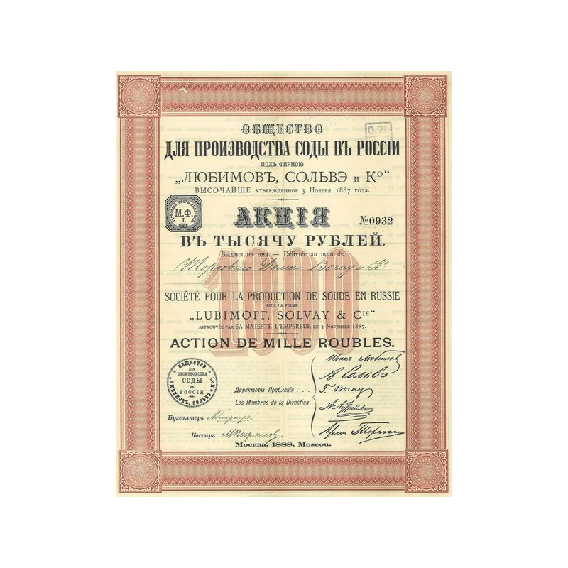 Sté pour la Production de Soude en Russie sous la firme "Lubimoff Solvay et Cie" - 1888