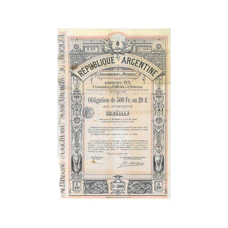 Emprunt 6 % - Gvt de Mendoza - République d'Argentine