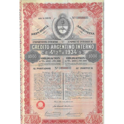 Credito Argentino Interno 4 1/2 % 1934 (Obl 1000 $ Mex)