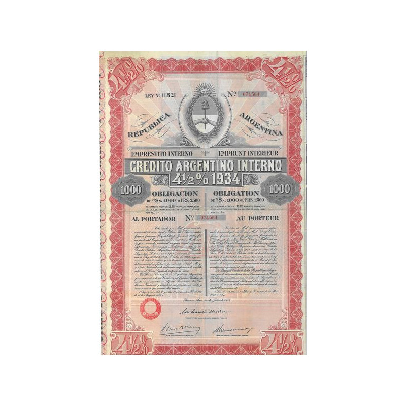 Credito Argentino Interno 4 1/2 % 1934 (Obl 1000 $ Mex)