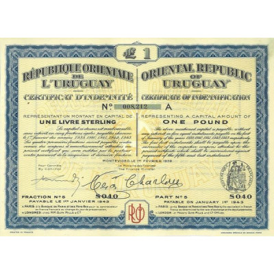 République Orientale de l'Uruguay - Certificat d'Indemnité £ 1 (A)