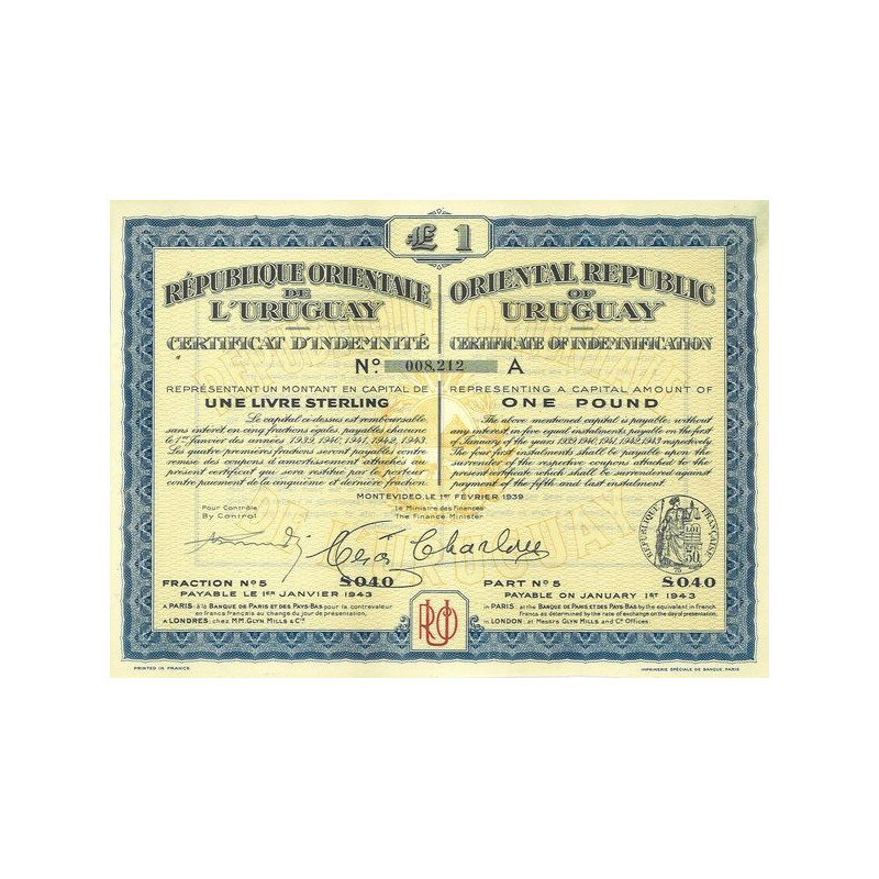 République Orientale de l'Uruguay - Certificat d'Indemnité £ 1 (A)