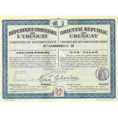 République Orientale de l'Uruguay - Certificat d'Indemnité £ 1 (B)