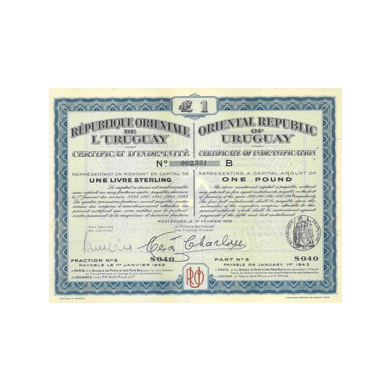 République Orientale de l'Uruguay - Certificat d'Indemnité £ 1 (B)