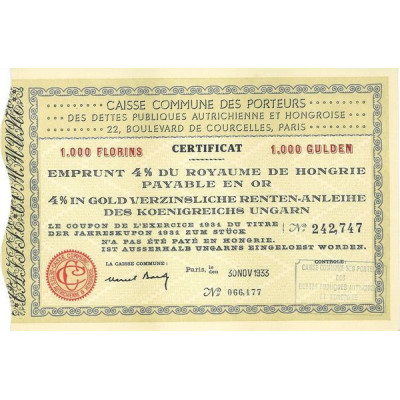 Emprunt 4 % du Royaume de Hongrie payable en or (1000 Florins)