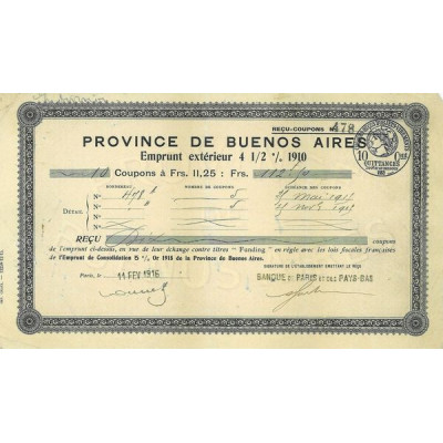 Province de Buenos Aires - Emprunt Extérieur 4 1/2 % 1910