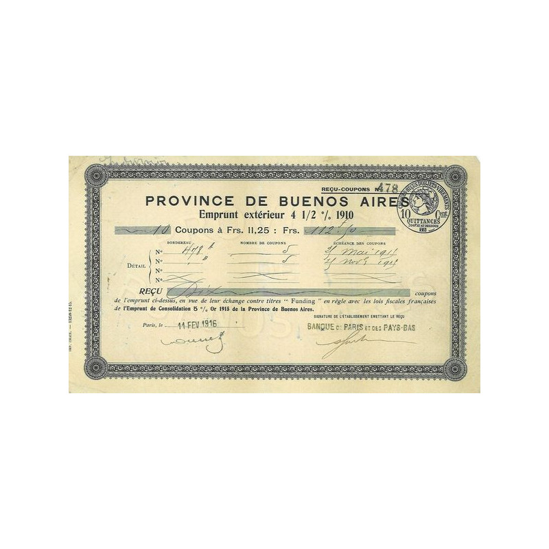 Province de Buenos Aires - Emprunt Extérieur 4 1/2 % 1910