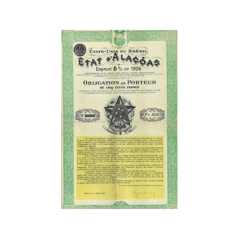 Etats-Unis du Brésil - Etat d'Alagôas - Emprunt 5 % or 1906