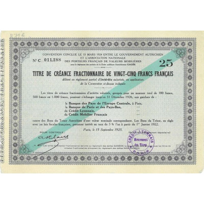 Convention conclue le 15 mars 1924 entre le Gvt Autrichien et l'Ass. Nale des Porteurs Français de Valeurs Immobilières