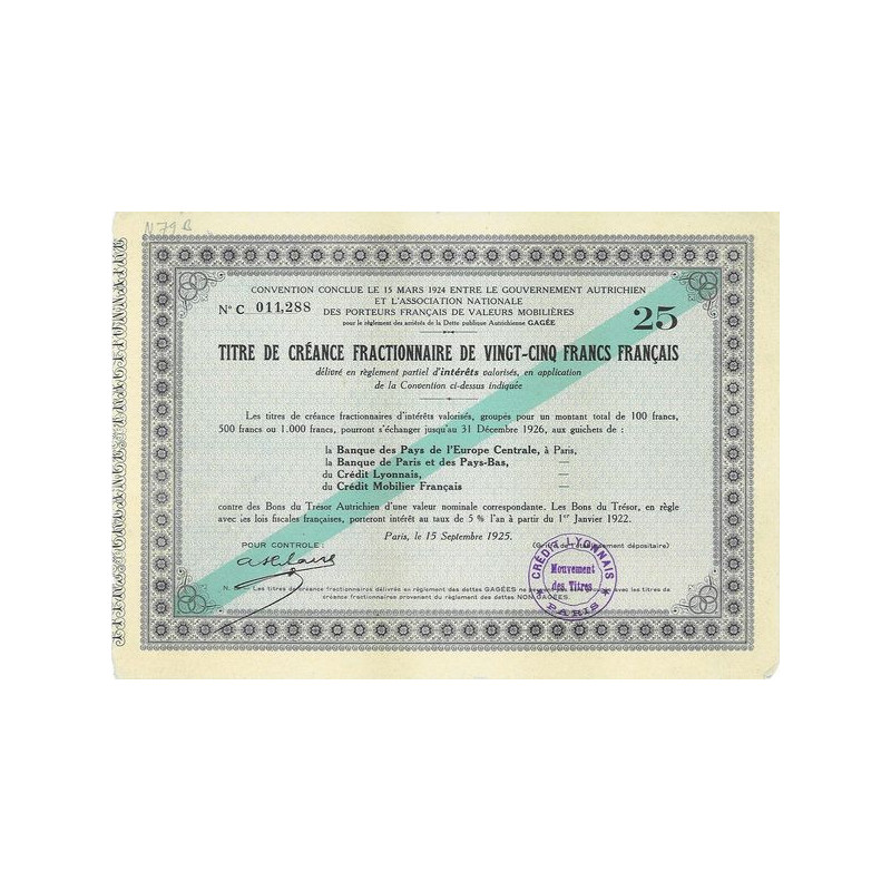 Convention conclue le 15 mars 1924 entre le Gvt Autrichien et l'Ass. Nale des Porteurs Français de Valeurs Immobilières