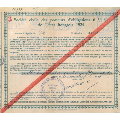 Sté Civile des Porteurs d'Obligations 6 1/2 % de l'Etat Hongrois 1924