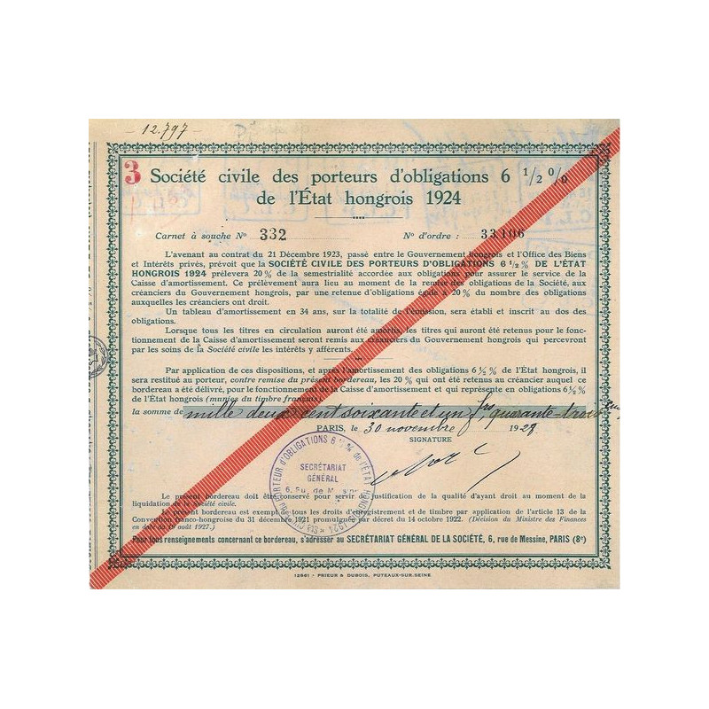 Sté Civile des Porteurs d'Obligations 6 1/2 % de l'Etat Hongrois 1924