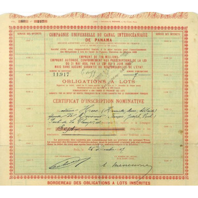 Cie Universelle du Canal Interocéanique de Panama (certif nomin rouge)