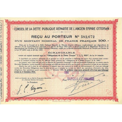 Conseil de la Dette Publique Répartie de l'Ancien Empire Ottoman (100 F)