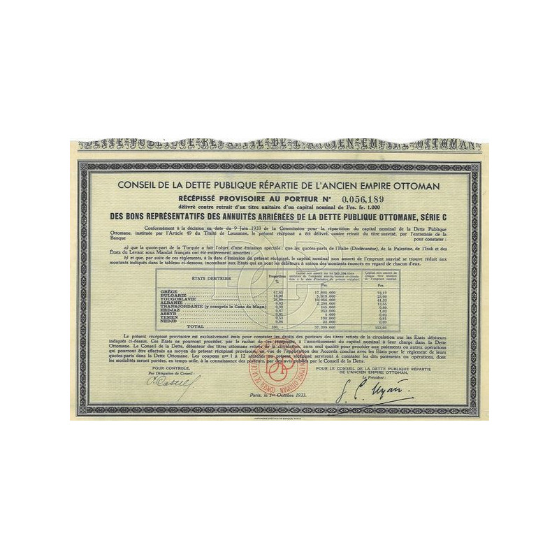 Bons Représentatifs des Annuités Arriérées de la Dette Publique Ottomane "Série C" 1933