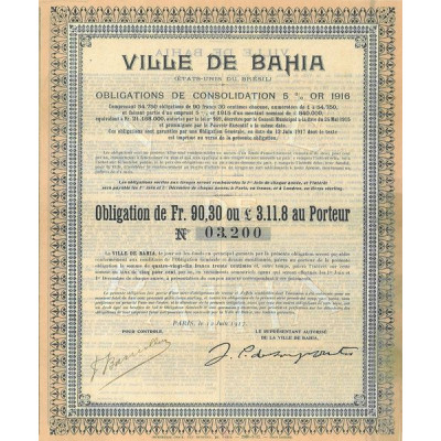 Ville de Bahia - Obligations de Consolidation 5 % Or 1916 (Obl 90.30 Fr)