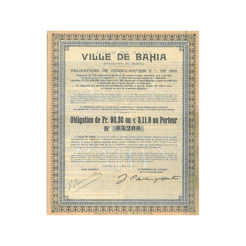 Ville de Bahia - Obligations de Consolidation 5 % Or 1916 (Obl 90.30 Fr)