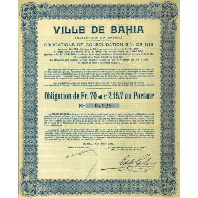 Ville de Bahia - Obligations de Consolidation 5 % Or 1916 (Obl 70 Fr)
