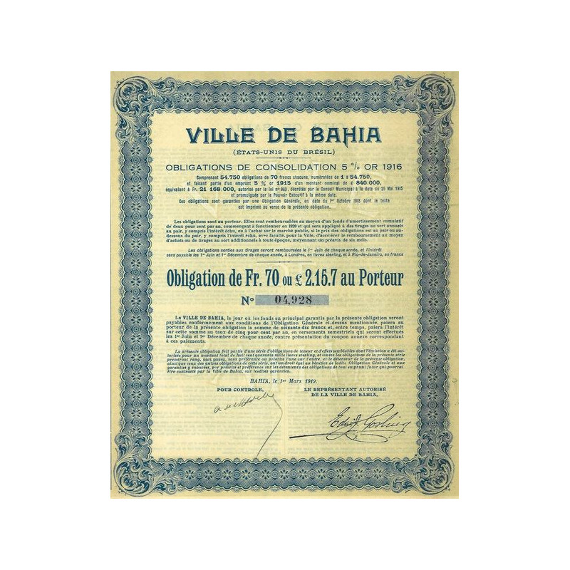 Ville de Bahia - Obligations de Consolidation 5 % Or 1916 (Obl 70 Fr)